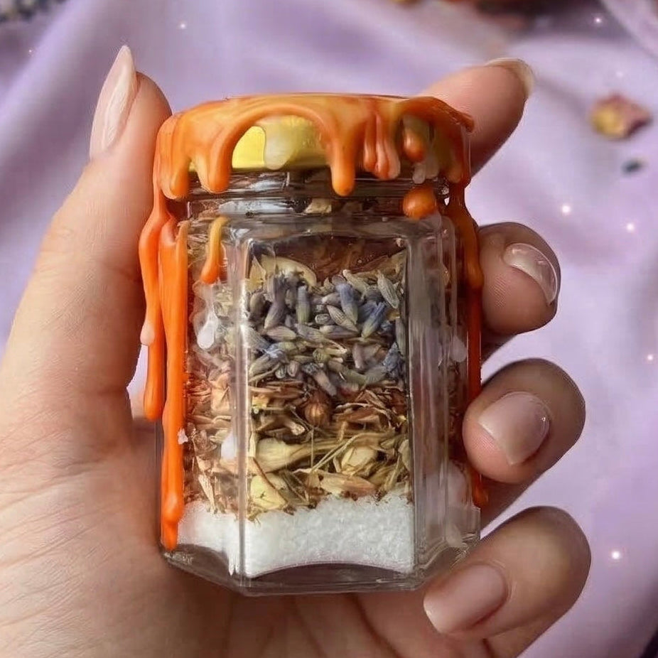 Mood boost spell jar with citrine crystal, chamomile and lemon balm, witchcraft jar for calm, positivity and emotional balance, handmade and wax sealed