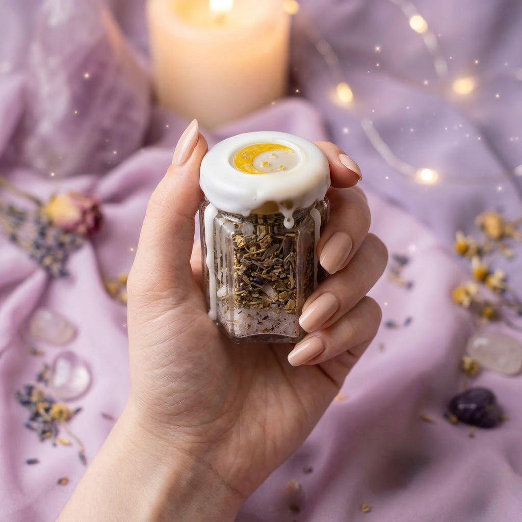 Baby protection spell jar with moonstone crystal, chamomile and rosemary, nursery jar for calm, comfort and gentle protection, handmade and wax sealed