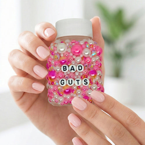 Funny decorative IBD IBS pill bottles with sarcastic humour. Empty prescription-style containers in custom colours. A perfect mental health or chronic illness gift.