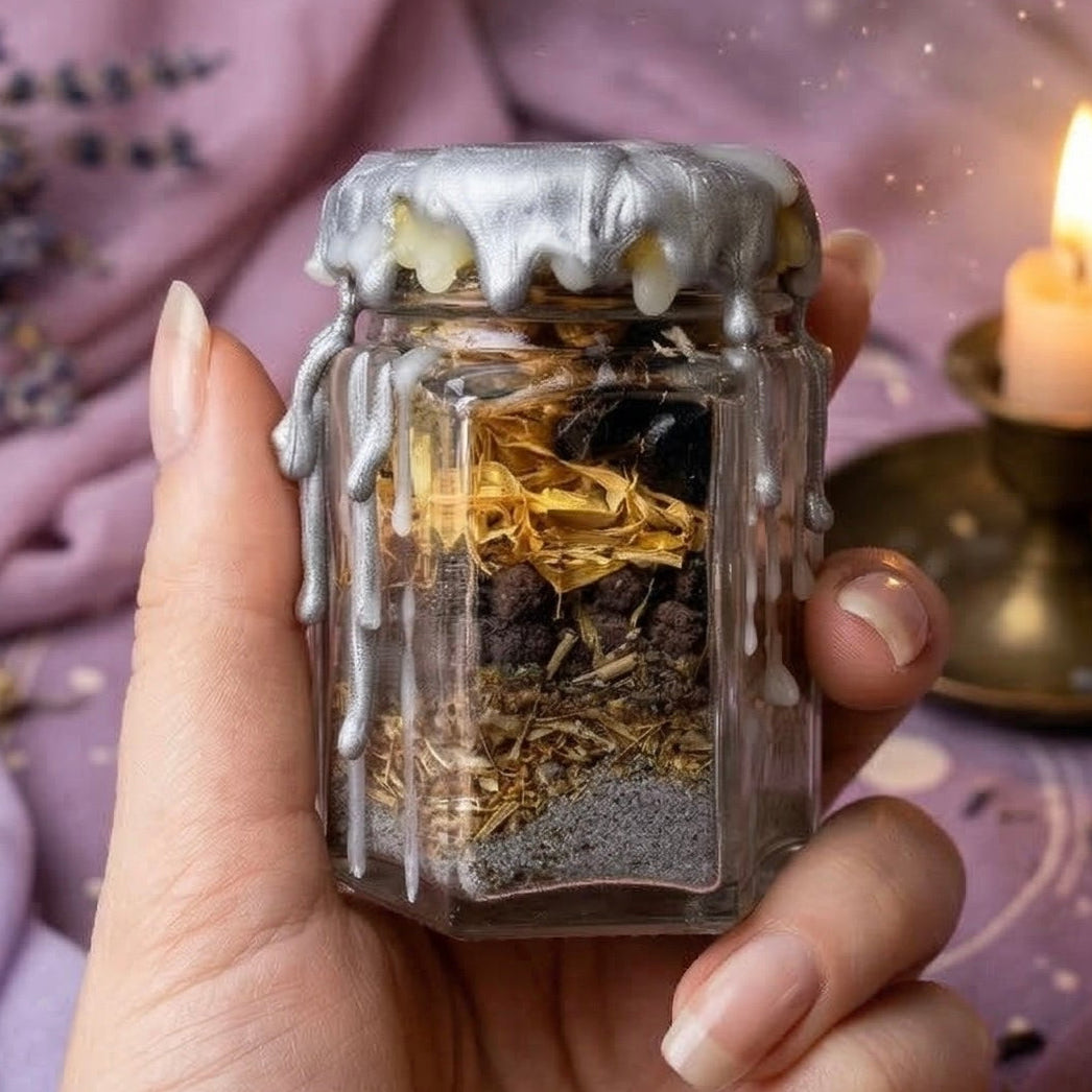 Banishing spell jar with obsidian crystal, sage and black salt, witchcraft jar for energy cleansing, release and protection, handmade and wax sealed