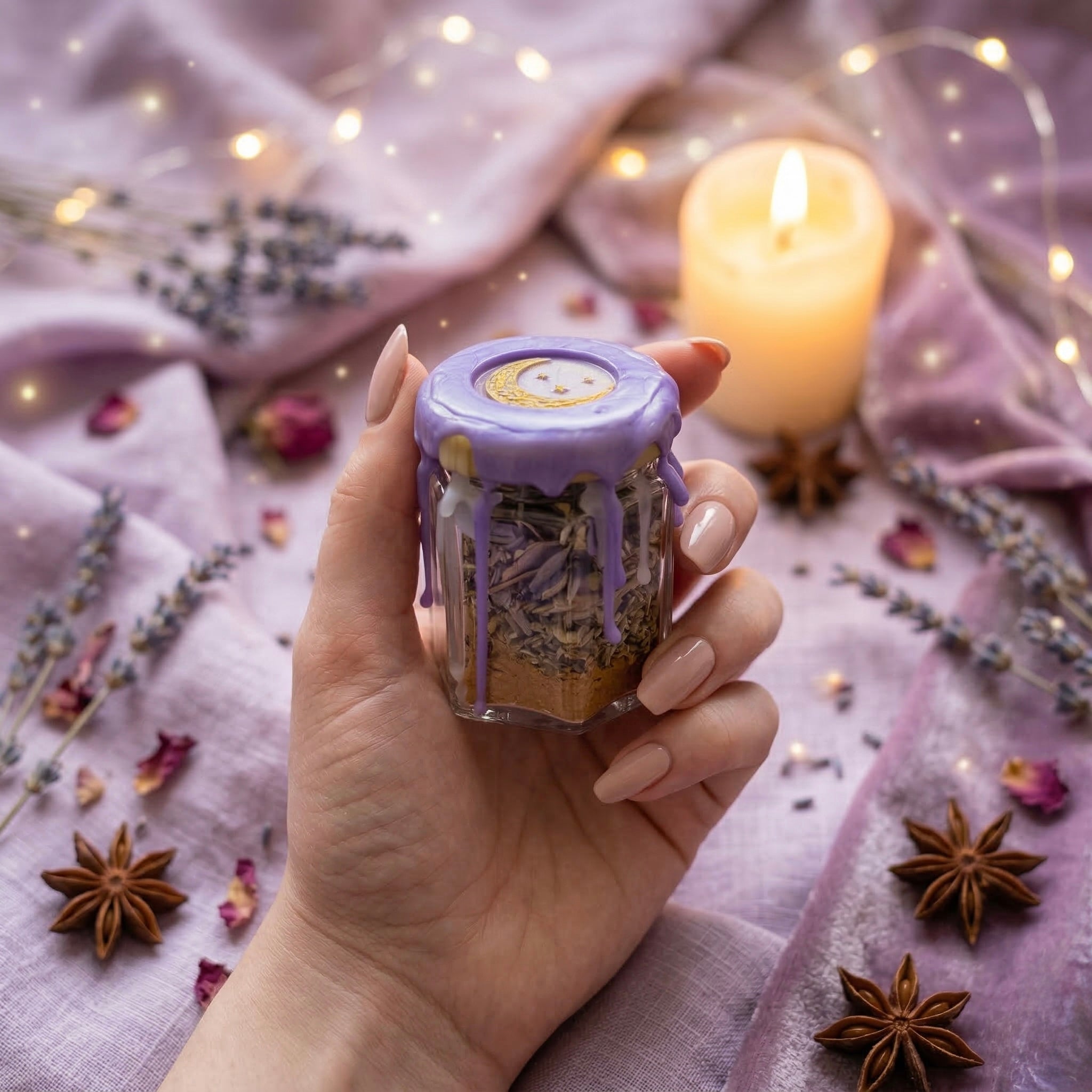 Purple creativity spell jar with amethyst crystal, mugwort and cinnamon, witchcraft jar for intuition and dream work, handmade and wax sealed