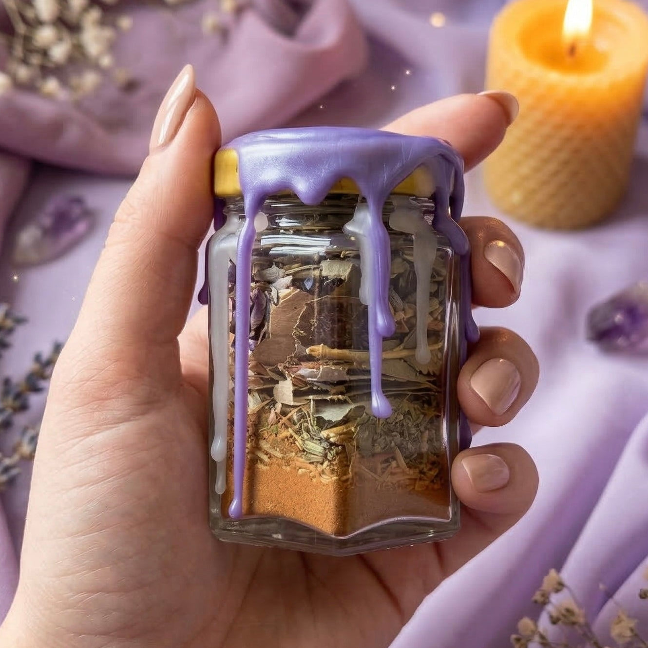 Purple creativity spell jar with amethyst crystal, mugwort and cinnamon, witchcraft jar for intuition and dream work, handmade and wax sealed
