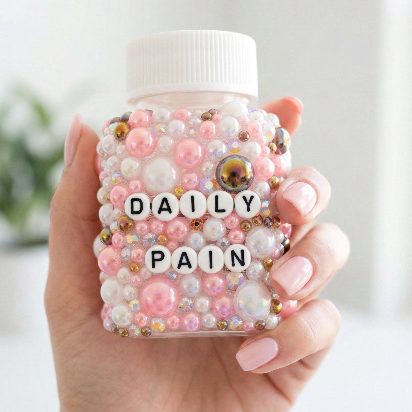 Funny pain decorative pill bottles with sarcastic humour. Empty prescription-style containers in custom colours. A perfect mental health or chronic illness gift.
