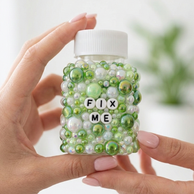 Funny decorative pill bottles with sarcastic humour. Empty prescription-style containers in custom colours. A perfect mental health or chronic illness gift.