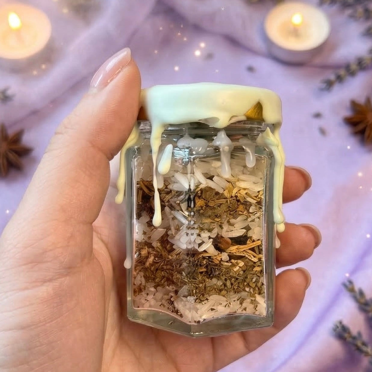 Good luck spell jar with green aventurine crystal, mint and clover, witchcraft jar for success, opportunity and positive outcomes, handmade and wax sealed