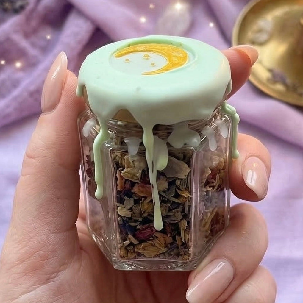 Good luck spell jar with green aventurine crystal, mint and clover, witchcraft jar for success, opportunity and positive outcomes, handmade and wax sealed