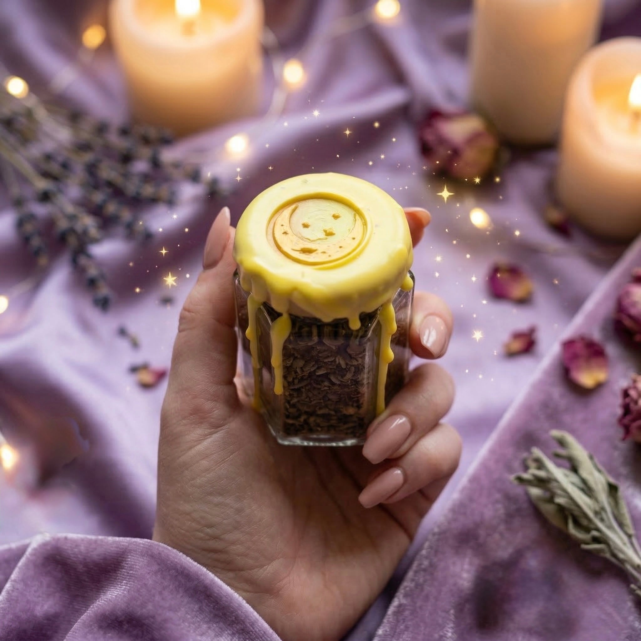Gratitude spell jar with citrine crystal, lavender and lemon, positivity jar for joy, manifestation and uplifting energy, handmade and wax sealed