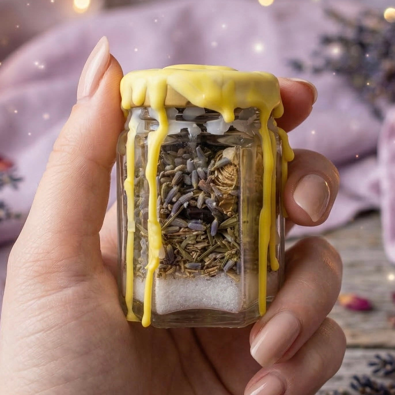 Gratitude spell jar with citrine crystal, lavender and lemon, positivity jar for joy, manifestation and uplifting energy, handmade and wax sealed
