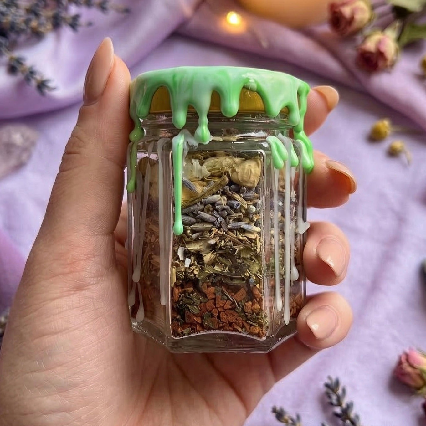 Grounding spell jar with smoky quartz crystal, chamomile and lavender, witchcraft jar for calm, stability and emotional balance, handmade and wax sealed