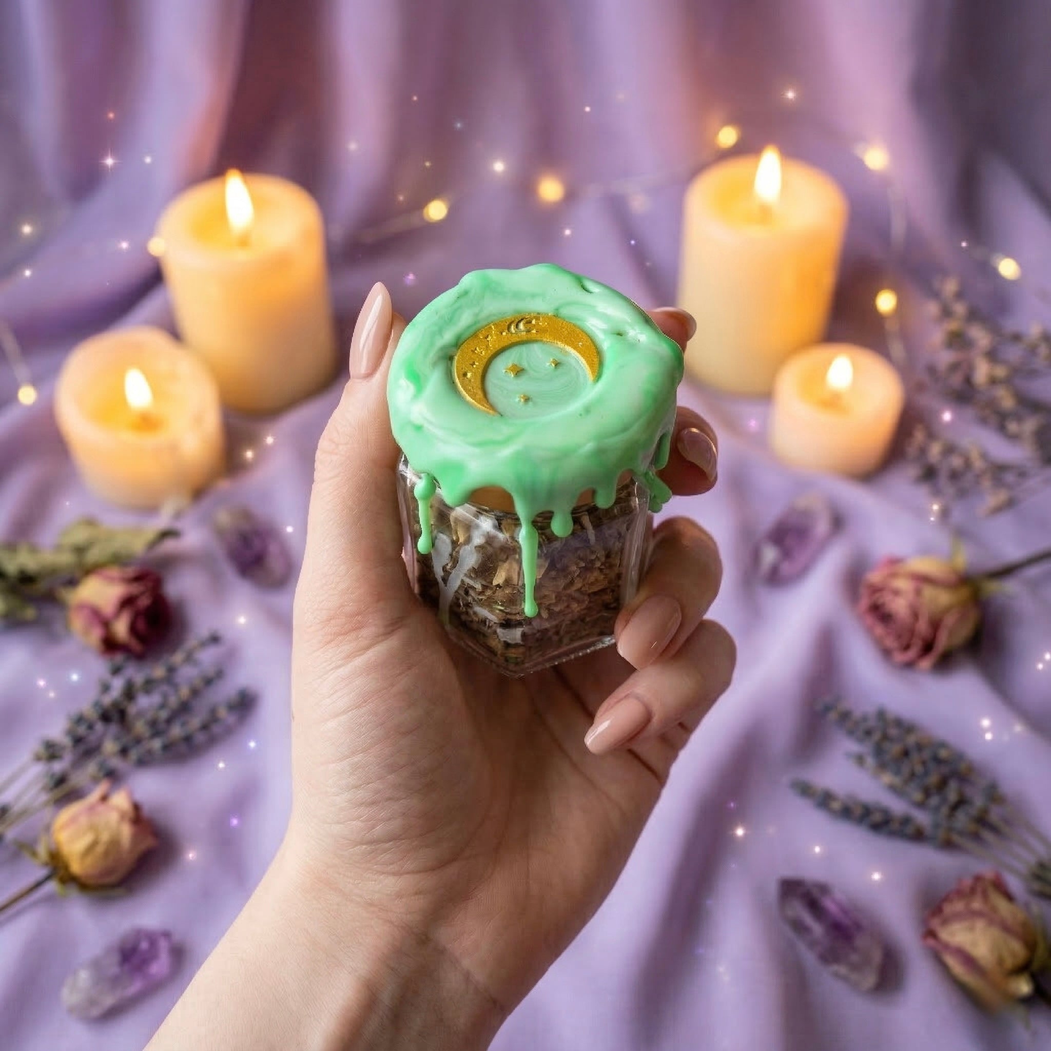 Grounding spell jar with smoky quartz crystal, chamomile and lavender, witchcraft jar for calm, stability and emotional balance, handmade and wax sealed