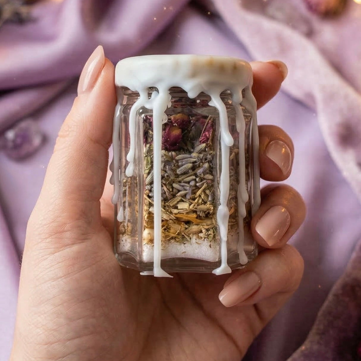 Healing spell jar with peridot crystal, chamomile and lavender, witchcraft jar for emotional healing, calm and renewal, handmade and wax sealed