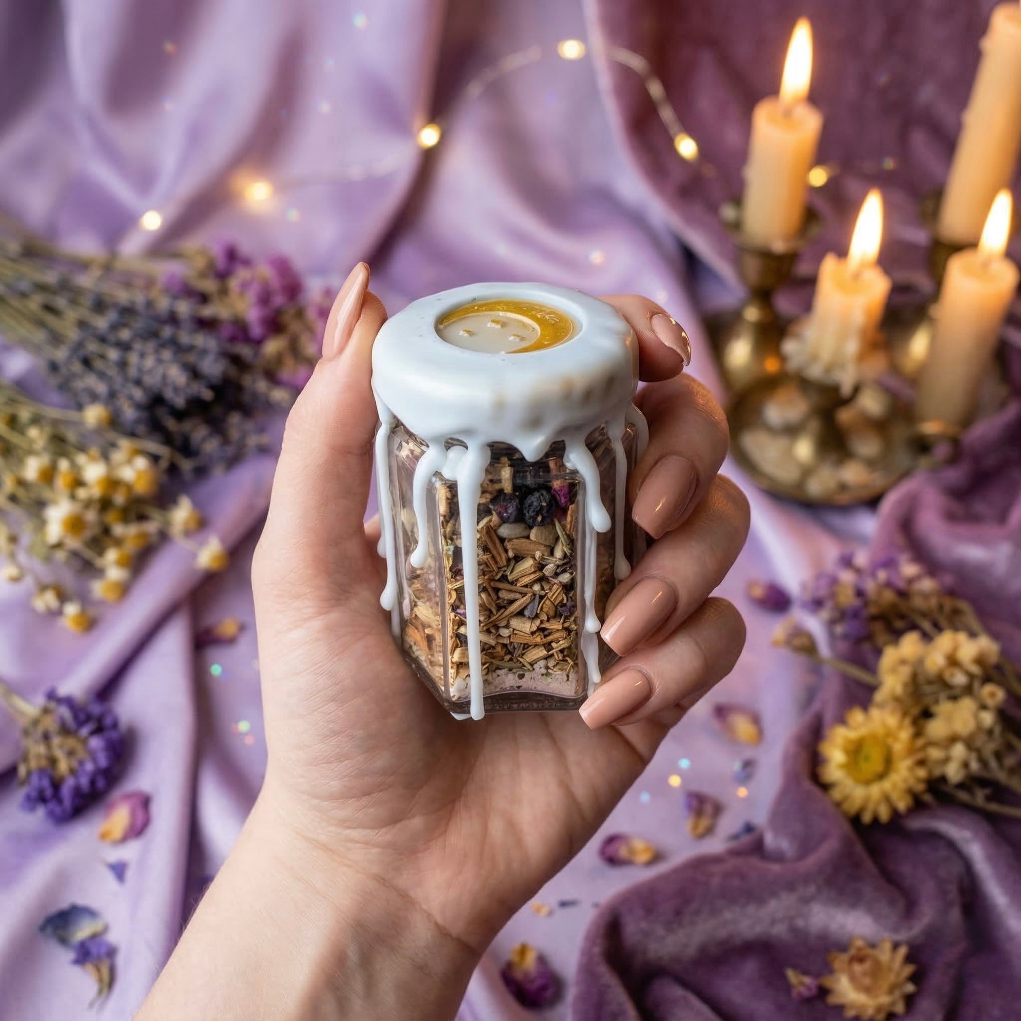 Healing spell jar with peridot crystal, chamomile and lavender, witchcraft jar for emotional healing, calm and renewal, handmade and wax sealed