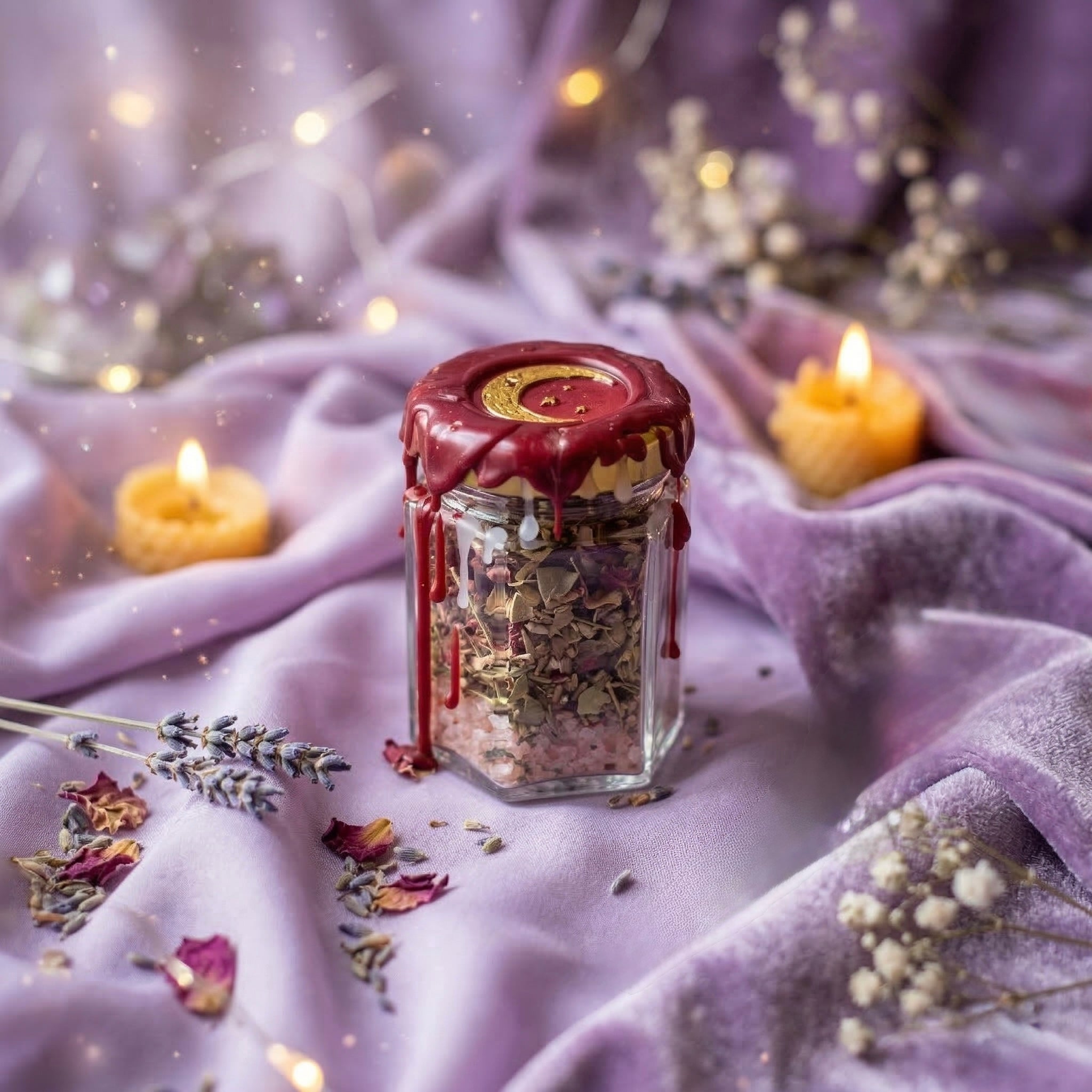 Heart healing spell jar with rose quartz crystal, rose and hawthorn, witchcraft jar for emotional recovery, love and inner peace, handmade and wax sealed