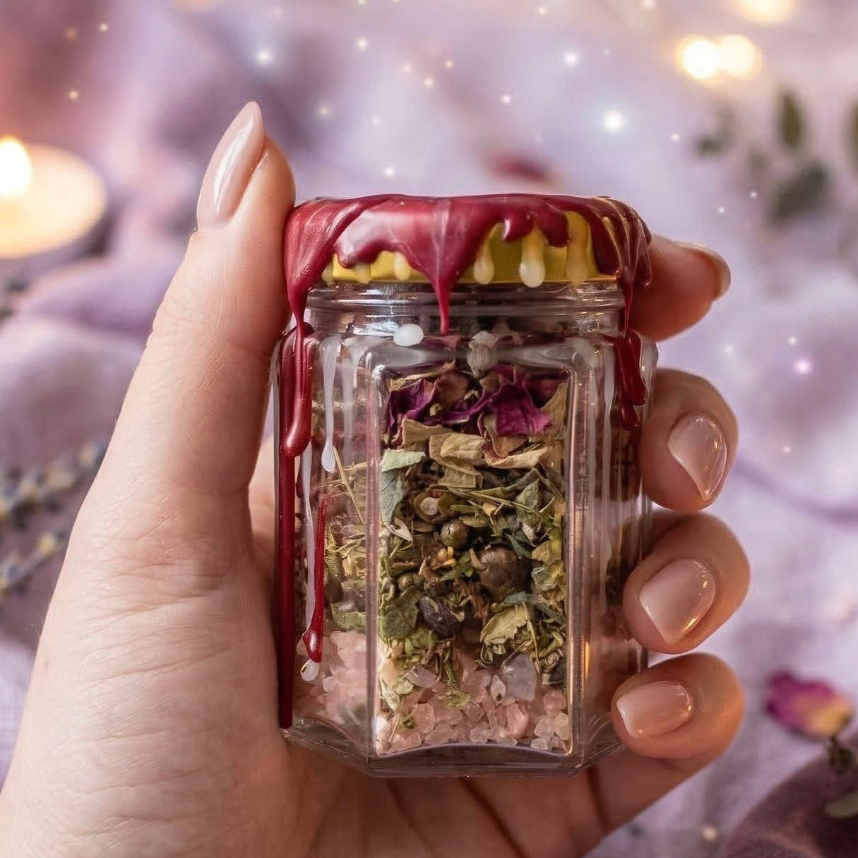 Heart healing spell jar with rose quartz crystal, rose and hawthorn, witchcraft jar for emotional recovery, love and inner peace, handmade and wax sealed