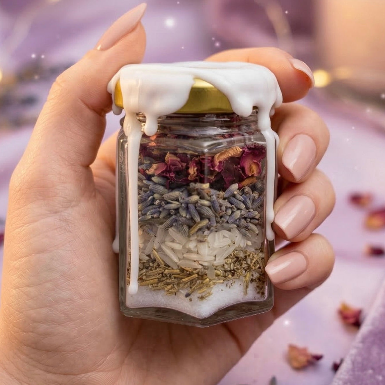 Bless your home with this handcrafted spell jar. Made with sage, rosemary, lavender and clear quartz to promote protection, peace and positive energy.