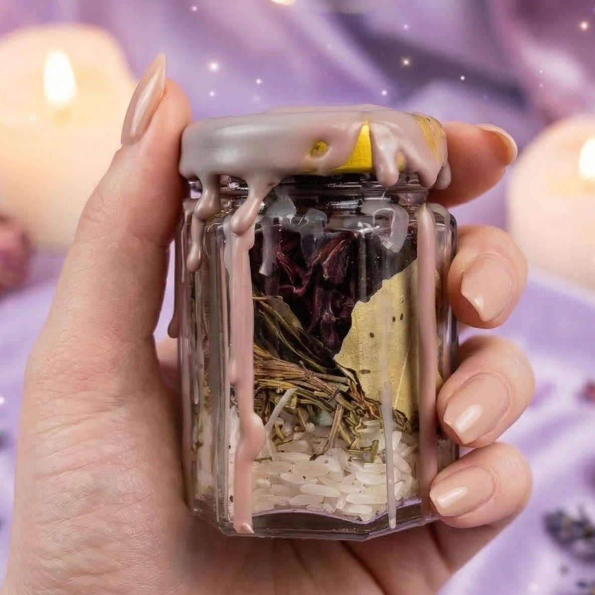 Manifestation spell jar with clear quartz crystal, bay leaf and basil, witchcraft jar for wishes, intention setting and goal manifestation, handmade and wax sealed