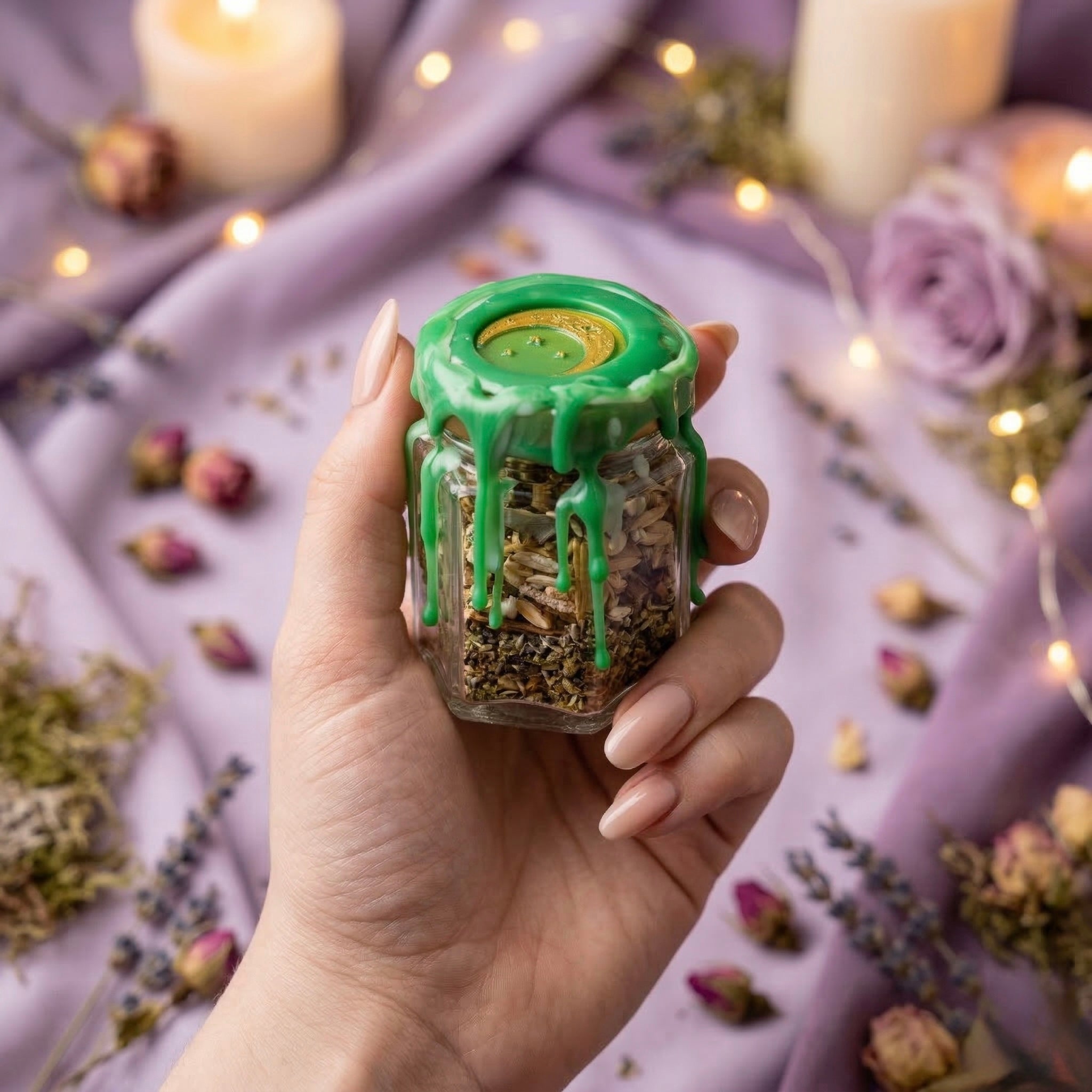 Money manifestation spell jar with green aventurine crystal, mint and basil, abundance jar for wealth, prosperity and luck, handmade and wax sealed.