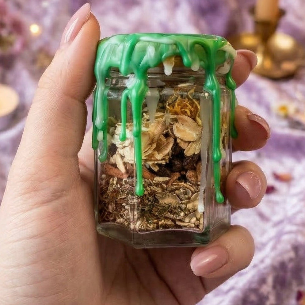 Money manifestation spell jar with green aventurine crystal, mint and basil, abundance jar for wealth, prosperity and luck, handmade and wax sealed