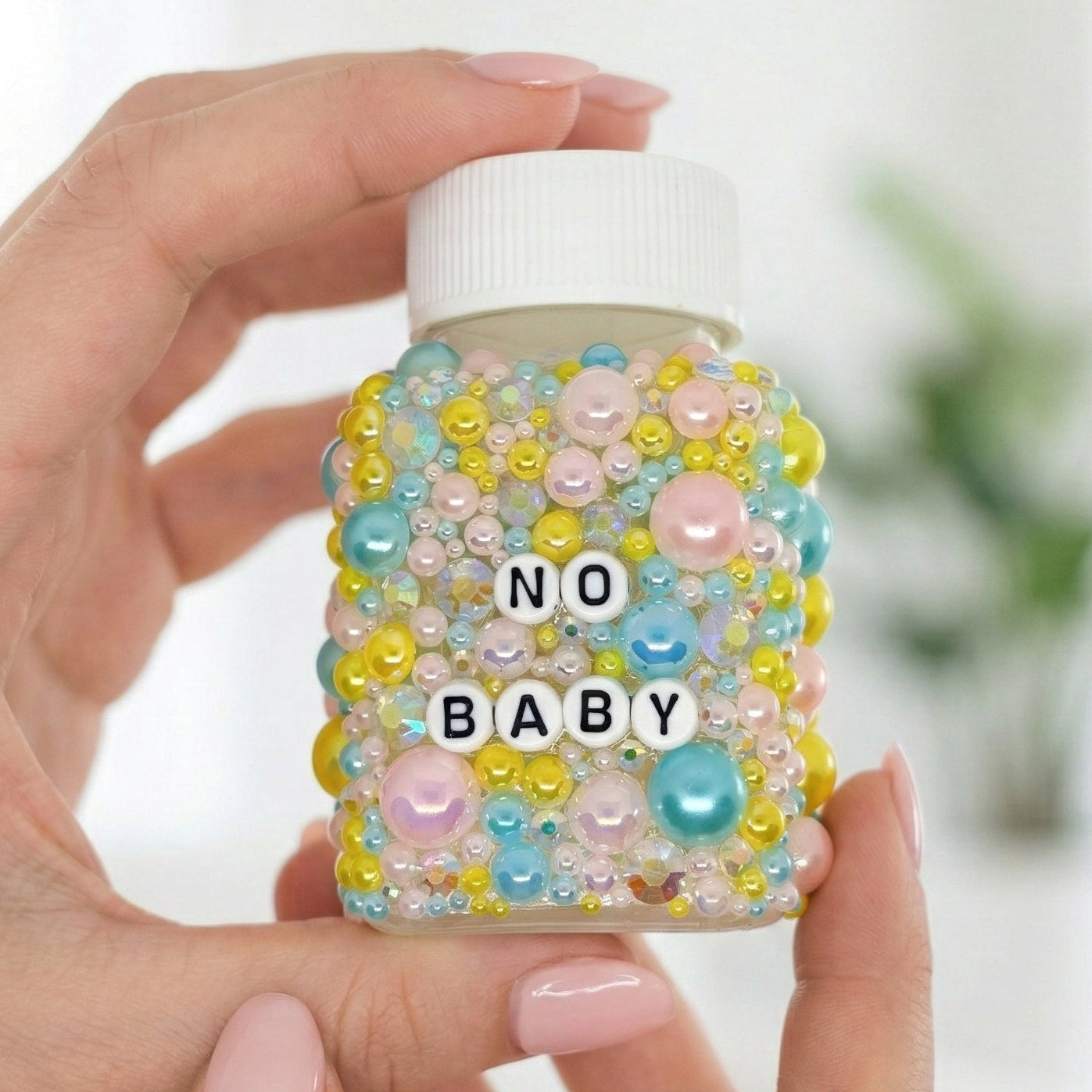 Funny contraceptive pill birth control decorative pill bottles with sarcastic humour. Empty prescription-style containers in custom colours. A perfect mental health or chronic illness gift.