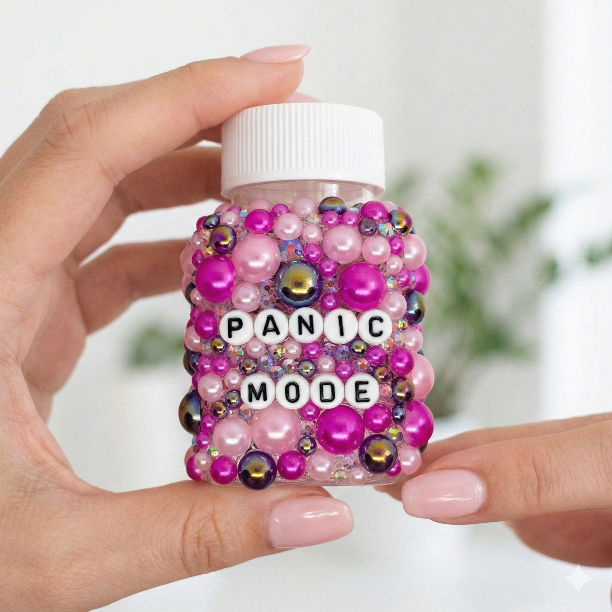 Funny decorative pill bottles with sarcastic humour. Empty prescription-style containers in custom colours. A perfect mental health or chronic illness gift.