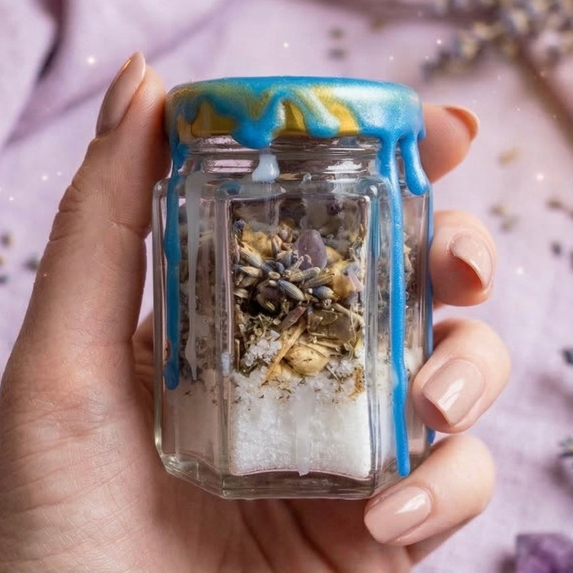 Relaxation spell jar with lepidolite crystal, chamomile and lavender, witchcraft jar for calm, stress relief and emotional balance, handmade and wax sealed