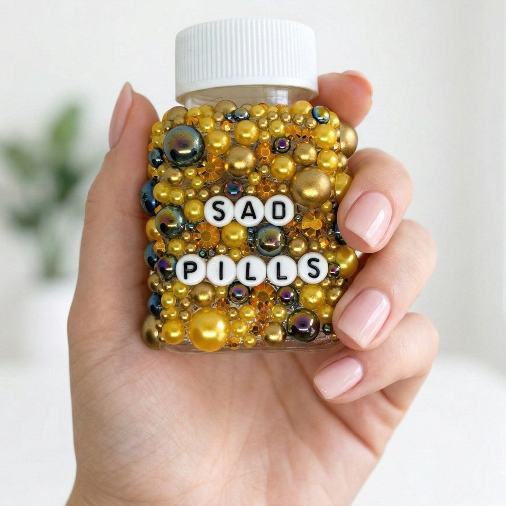 Funny decorative pill bottles with sarcastic humour. Empty prescription-style containers in custom colours. A perfect mental health or chronic illness gift.