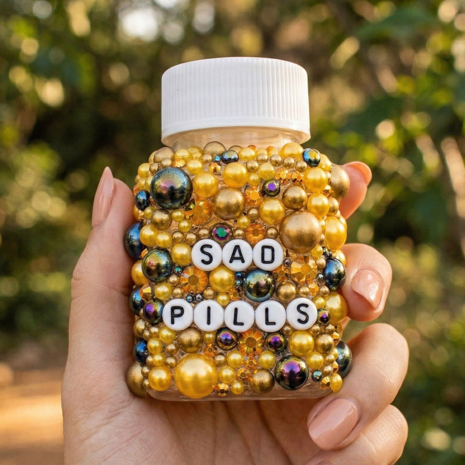 Funny ill decorative pill bottles with sarcastic humour. Empty prescription-style containers in custom colours. A perfect mental health or chronic illness gift.