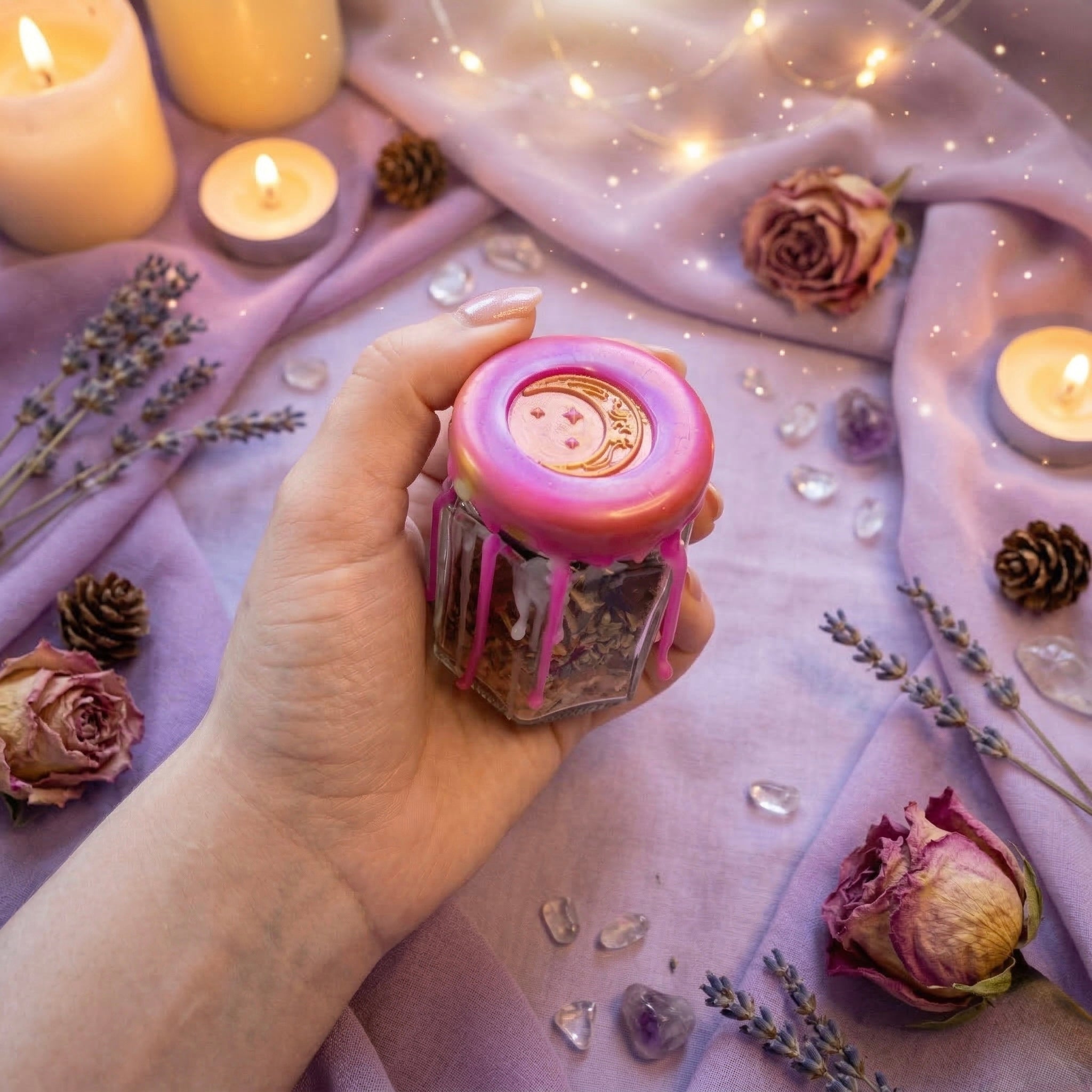 Self love spell jar with rose quartz crystal, rose petals and lavender, healing jar for confidence and emotional balance, handmade and wax sealed