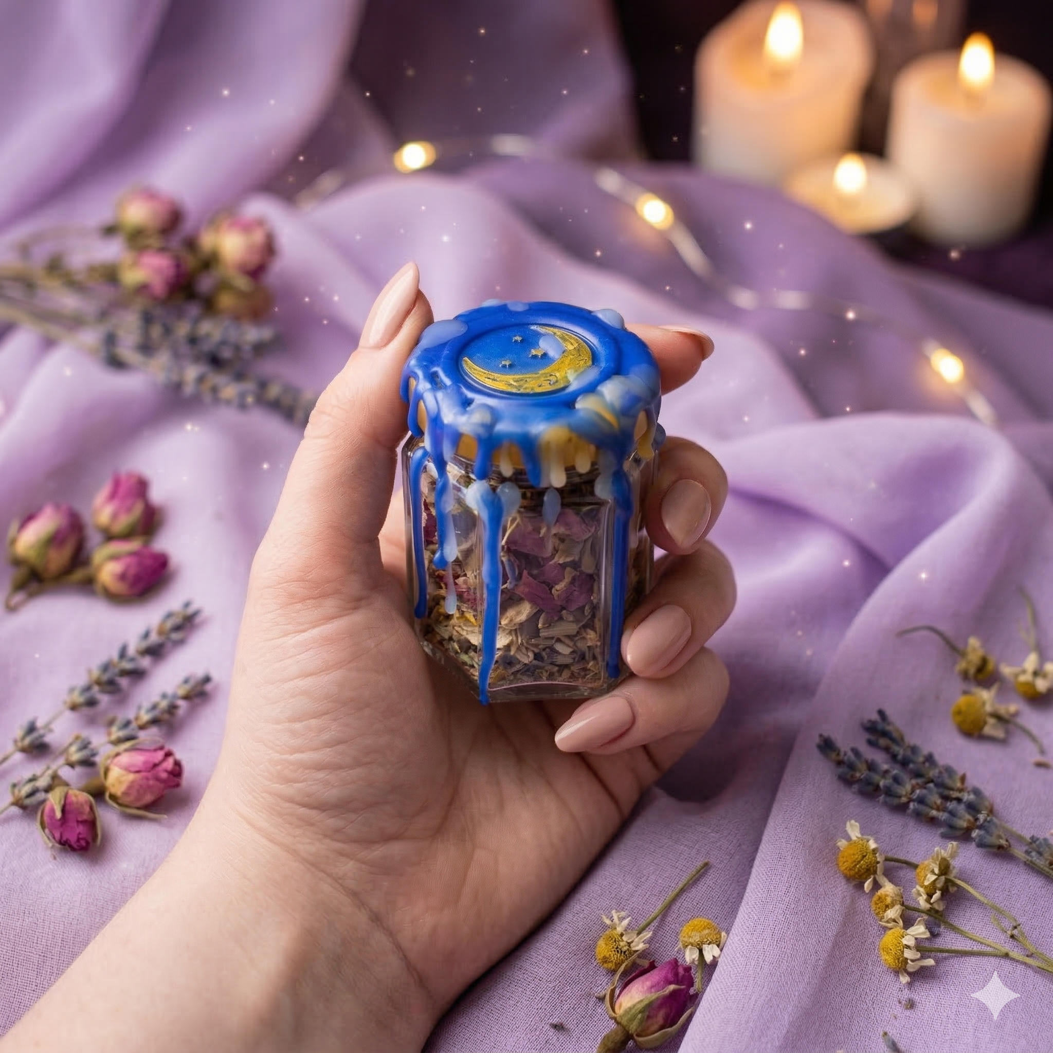 Sleep spell jar with amethyst crystal, lavender and chamomile, witchcraft jar for restful sleep, calm and relaxation, handmade and wax sealed