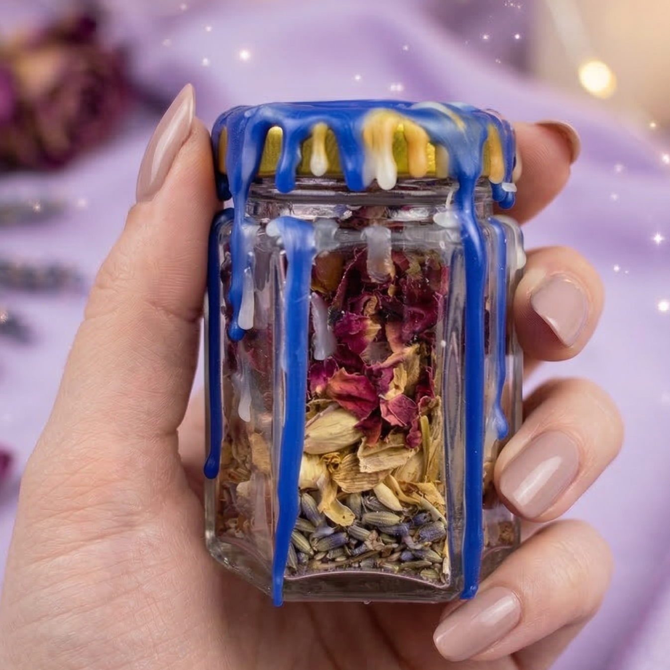 Sleep spell jar with amethyst crystal, lavender and chamomile, witchcraft jar for restful sleep, calm and relaxation, handmade and wax sealed