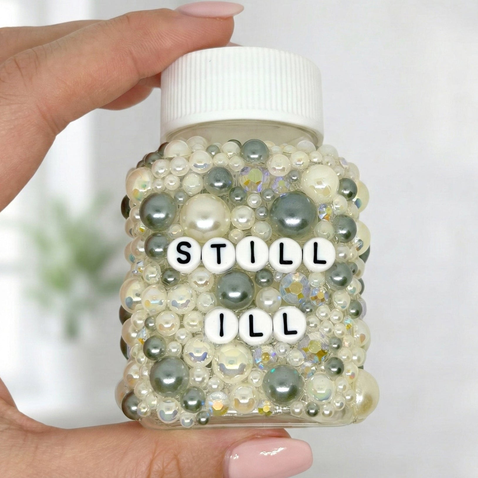 Funny ill decorative pill bottles with sarcastic humour. Empty prescription-style containers in custom colours. A perfect mental health or chronic illness gift.