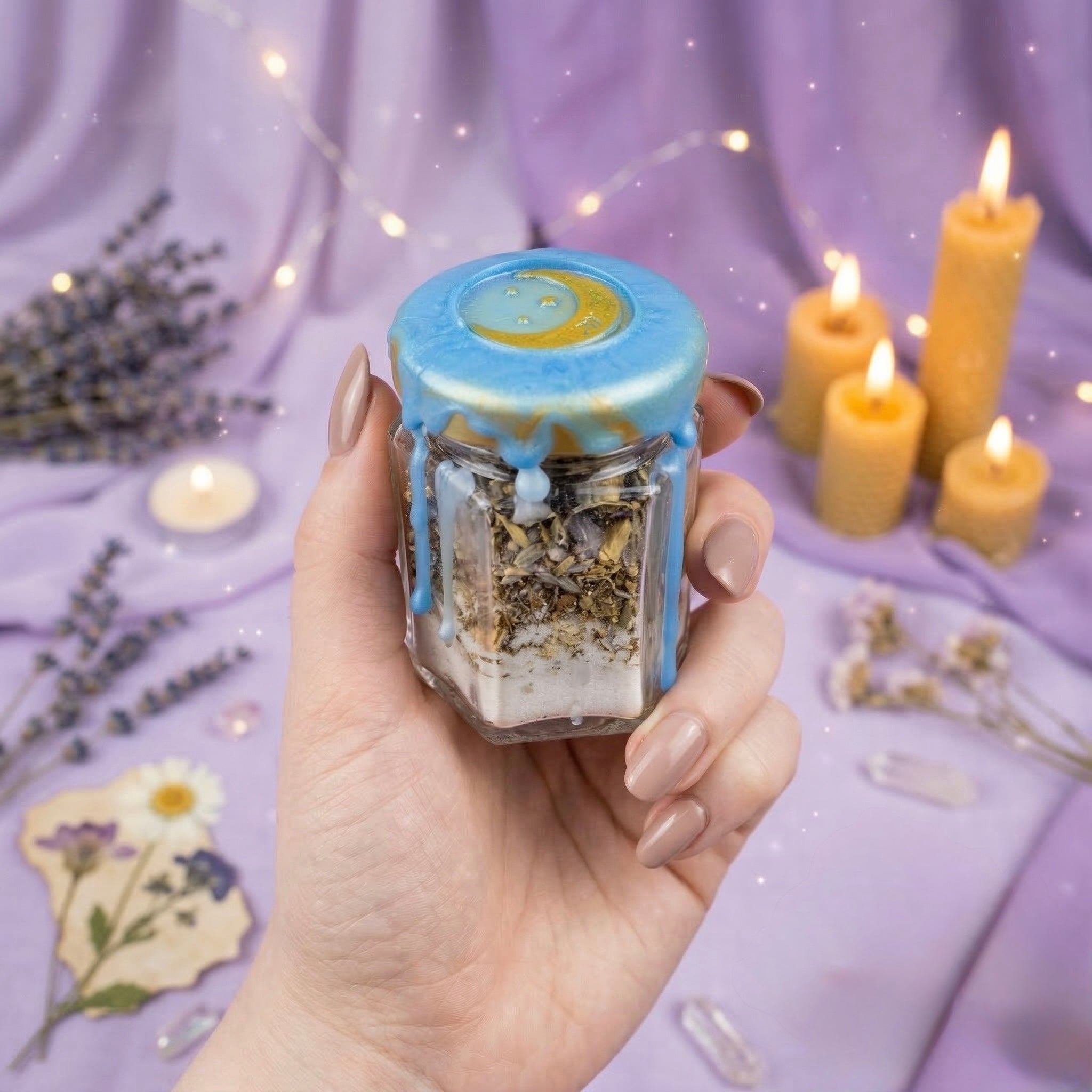 Relaxation spell jar with lepidolite crystal, chamomile and lavender, witchcraft jar for calm, stress relief and emotional balance, handmade and wax sealed